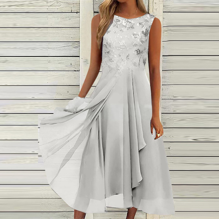 Elegant Fashion Party O Neck Lace Sleeveless Prom A Line Boho Maxi Dress