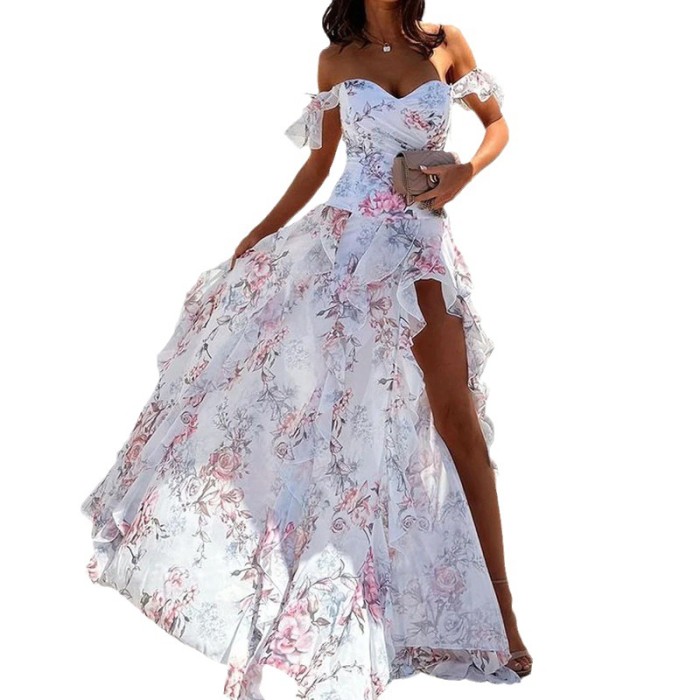 Summer Fashion Bohemian Elegant Sexy Strapless Party Slit Waist Maxi Dress