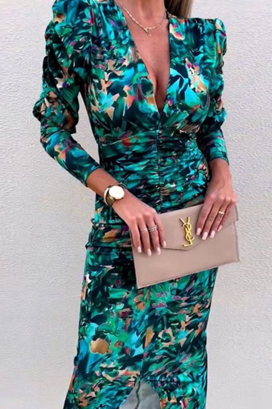 Women Fashion Print Long Sleeve V Neck Elegant Sexy Slit Maxi Dress