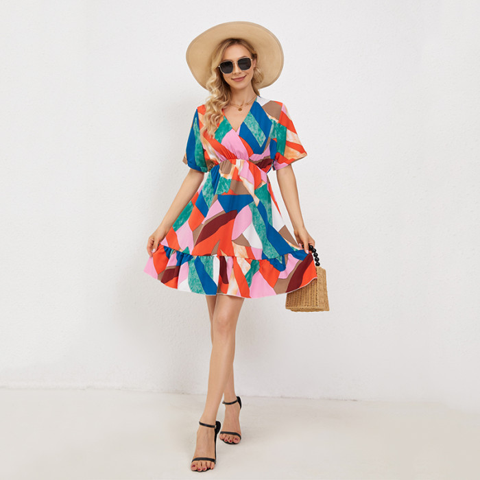 Elegant V Neck Short Sleeve Pleated Beach Ruffle Casual Printed Mini Dress