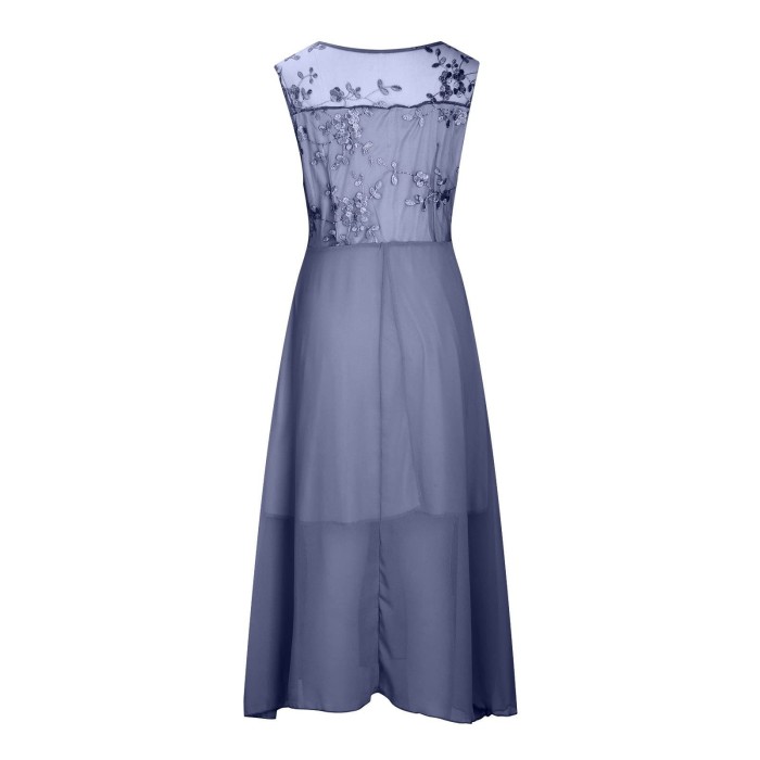Women's Fashion Irregular Sleeveless V-Neck Mesh Embroidered Hollow Maxi Dress