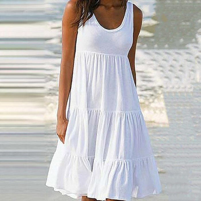 Women's Casual O-Neck Sleeveless Ruffle Boho Solid Loose Mini Dress