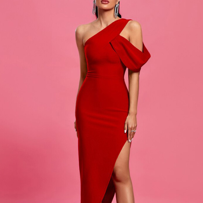 Women Fashion Print Slant Neck High Waist Slit Sexy Solid Color  Wedding Guest Dress