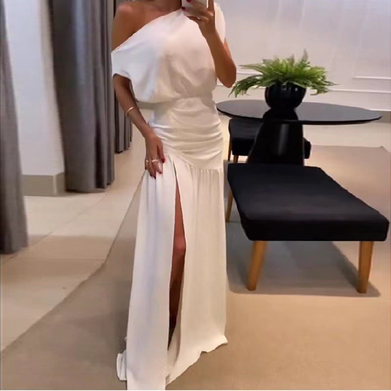 Fashion One Shoulder High Waist Slit Loose Pleated Elegant Party Irregular Wedding Guest Dress