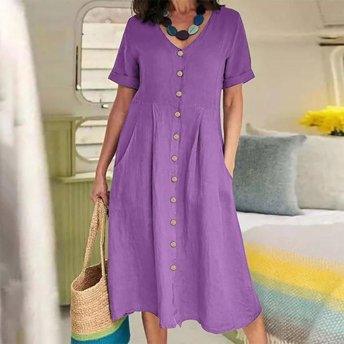 Summer Fashion Retro Cotton Linen Single Breasted Loose V-Neck  Casual Dress