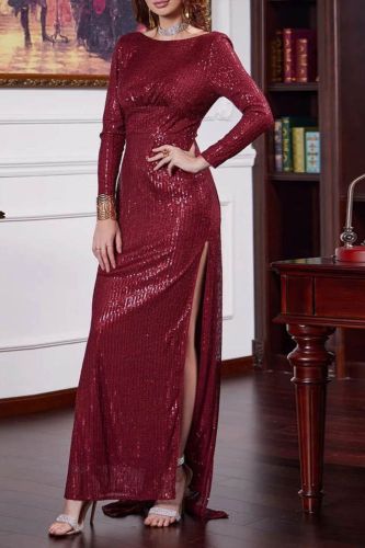 Sexy Backless Long Sleeve Slim Slit Banquet Fashion Elegant Party Wedding Guest Dress