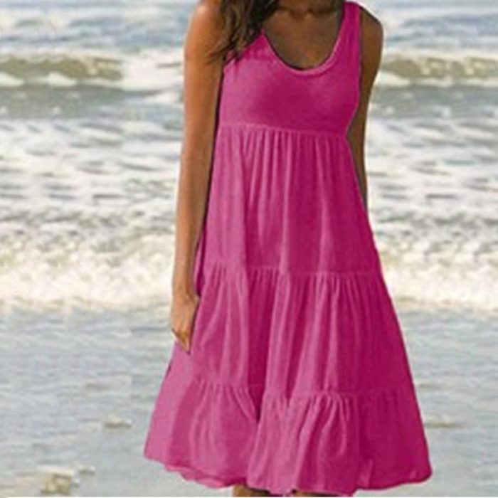 Women's Casual O-Neck Sleeveless Ruffle Boho Solid Loose Mini Dress