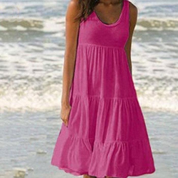 Women's Casual O-Neck Sleeveless Ruffle Boho Solid Loose Mini Dress