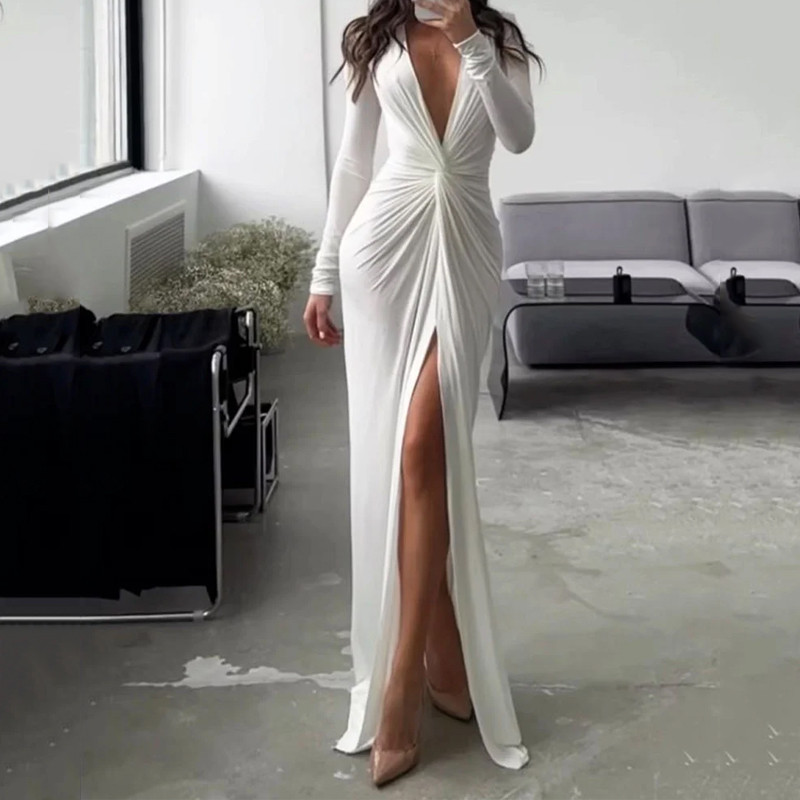 Fashion Sexy Slit V Neck  Slim Fit Pleated Party Maxi Dress