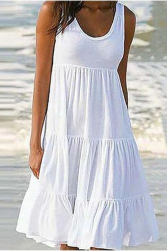 Women's Casual O-Neck Sleeveless Ruffle Boho Solid Loose Mini Dress