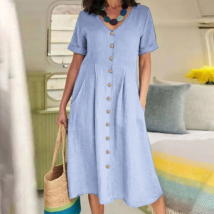 Summer Fashion Retro Cotton Linen Single Breasted Loose V-Neck  Casual Dress