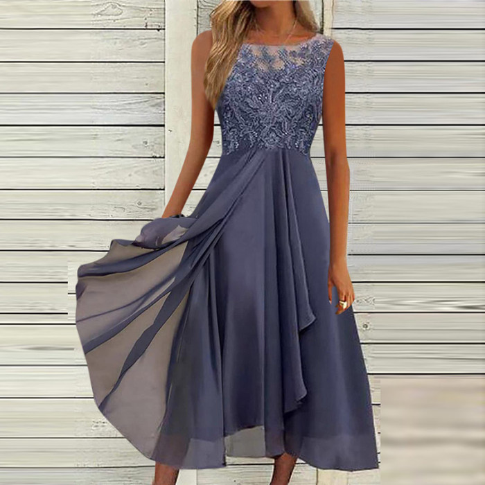 Elegant Fashion Party O Neck Lace Sleeveless Prom A Line Boho Maxi Dress