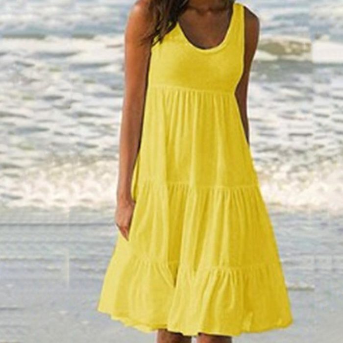 Women's Casual O-Neck Sleeveless Ruffle Boho Solid Loose Mini Dress