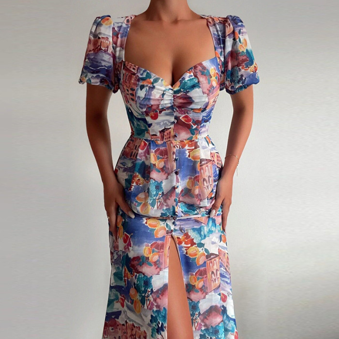 Fashion Off Shoulder Print Sexy Retro Elegant High Slit Ruffle Casual Maxi Dress