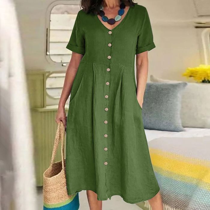 Summer Fashion Retro Cotton Linen Single Breasted Loose V-Neck  Casual Dress