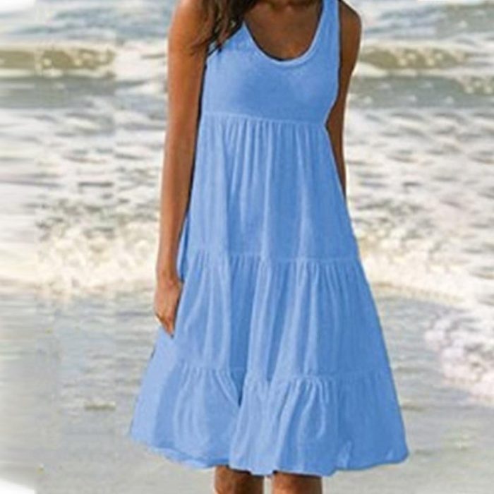 Women's Casual O-Neck Sleeveless Ruffle Boho Solid Loose Mini Dress