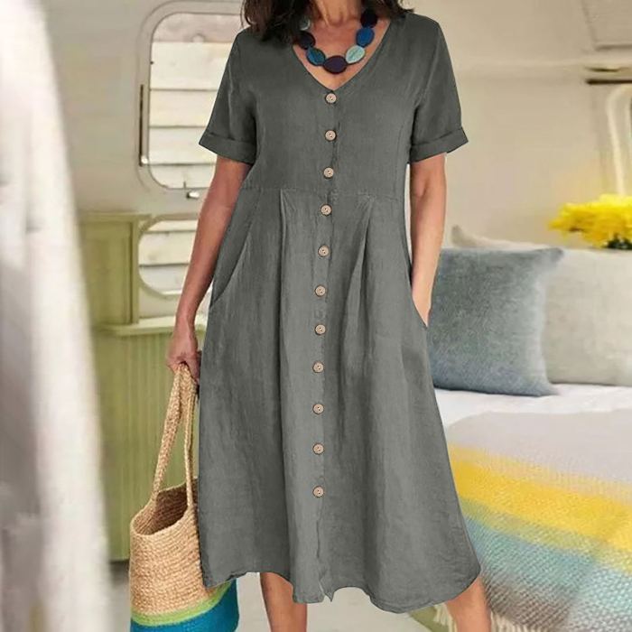 Summer Fashion Retro Cotton Linen Single Breasted Loose V-Neck  Casual Dress