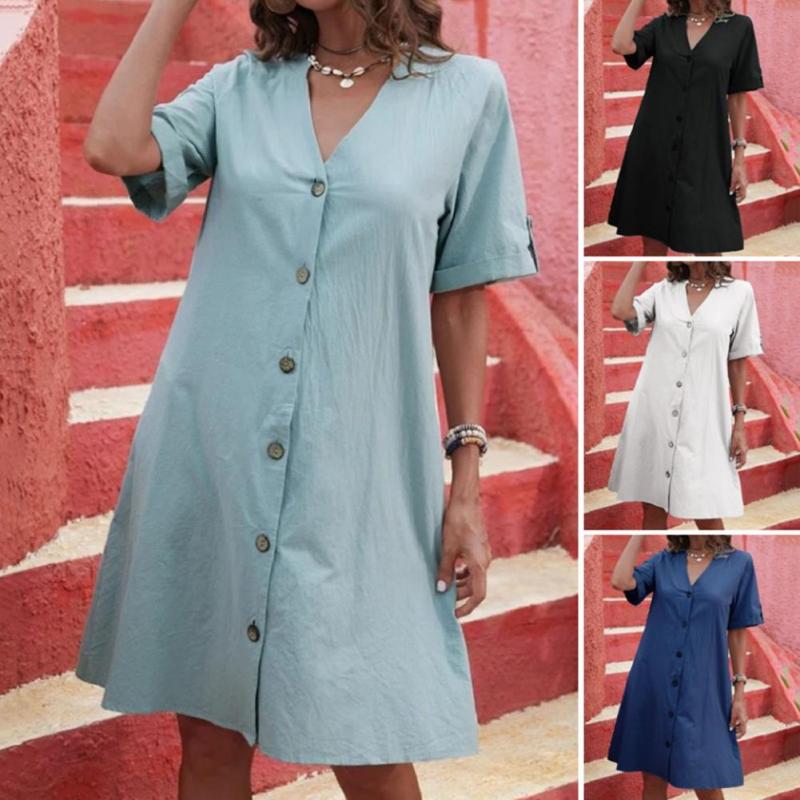 Women's Fashion V-Neck A-Line Loose Swing Casual Dress