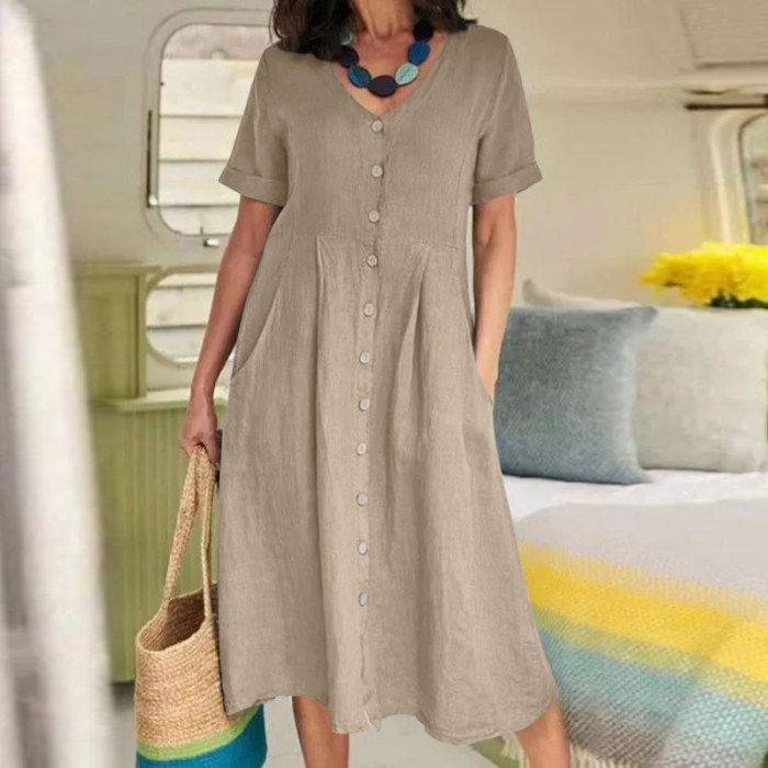 Summer Fashion Retro Cotton Linen Single Breasted Loose V-Neck  Casual Dress