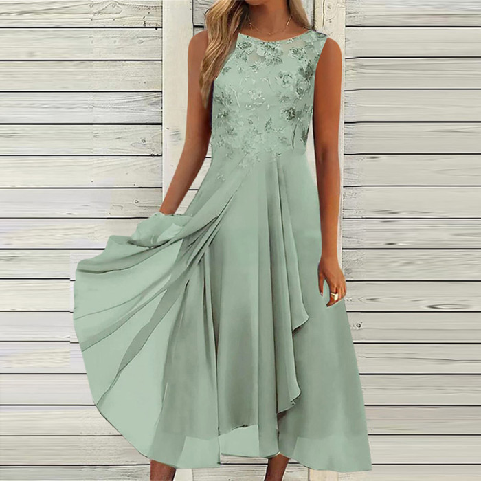 Elegant Fashion Party O Neck Lace Sleeveless Prom A Line Boho Maxi Dress