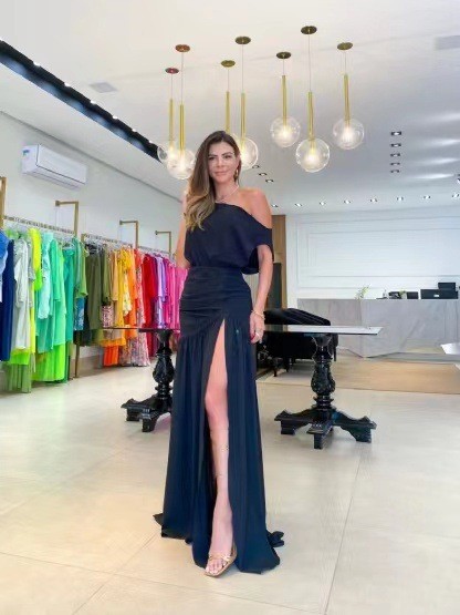 Fashion One Shoulder High Waist Slit Loose Pleated Elegant Party Irregular Wedding Guest Dress