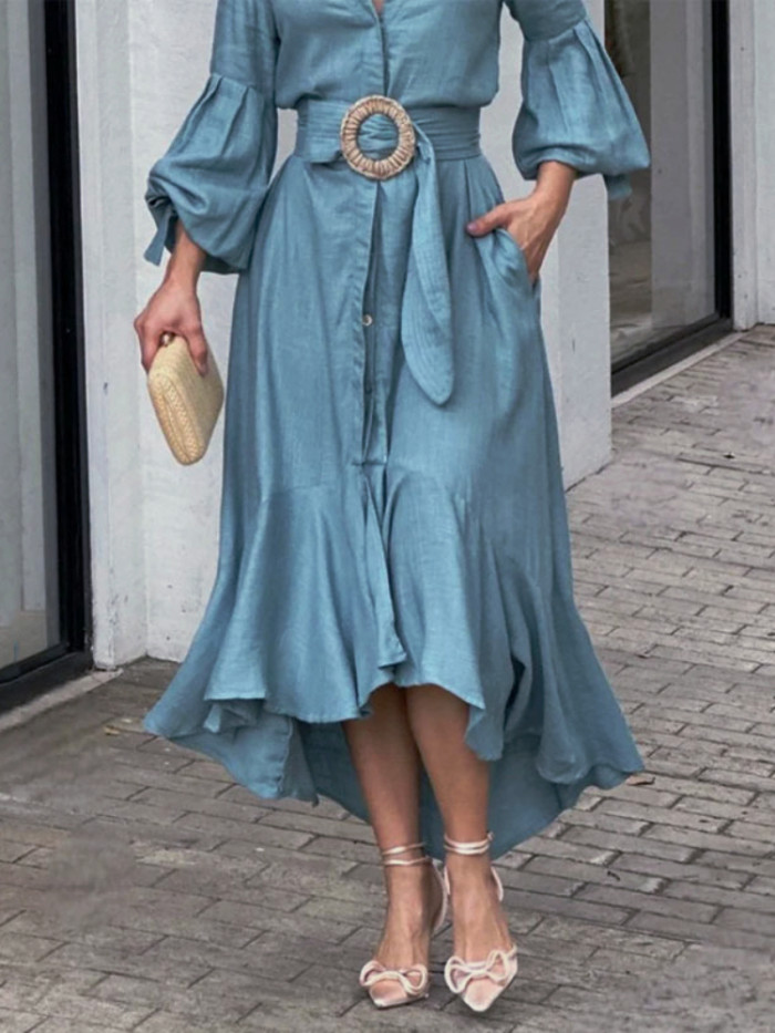 Women's Vintage Lapel Lantern Sleeve Lace-Up Blouse Elegant Chic Maxi Dress