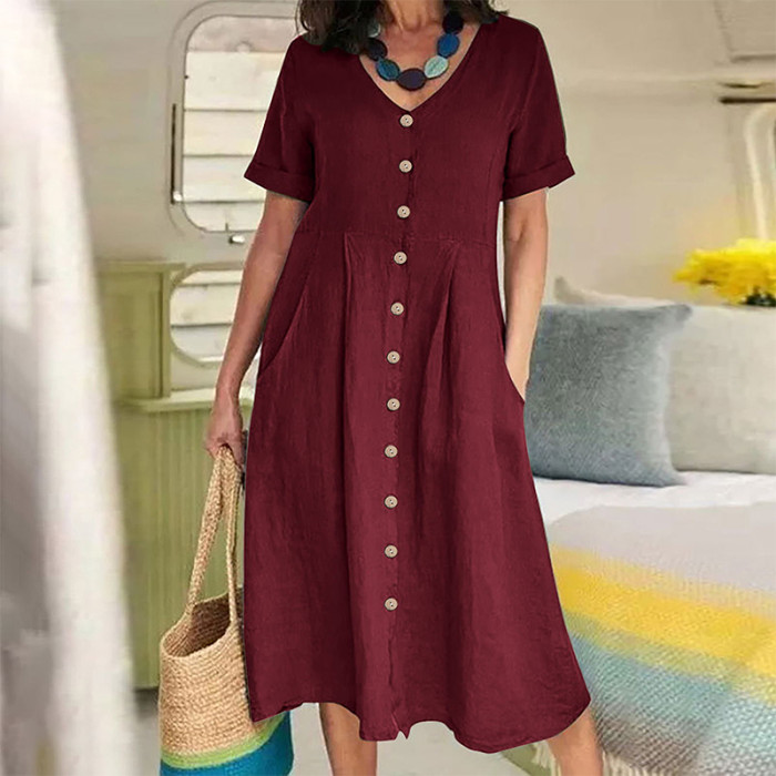 Summer Fashion Retro Cotton Linen Single Breasted Loose V-Neck  Casual Dress