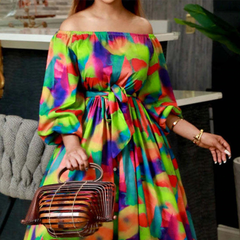 Women Fashion Elegant Plus Size Loose Tie Printed Casual  Maxi Dress