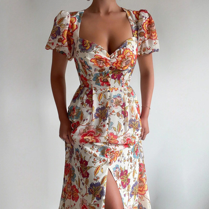 Fashion Off Shoulder Print Sexy Retro Elegant High Slit Ruffle Casual Maxi Dress