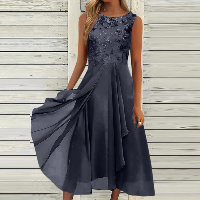 Elegant Fashion Party O Neck Lace Sleeveless Prom A Line Boho Maxi Dress