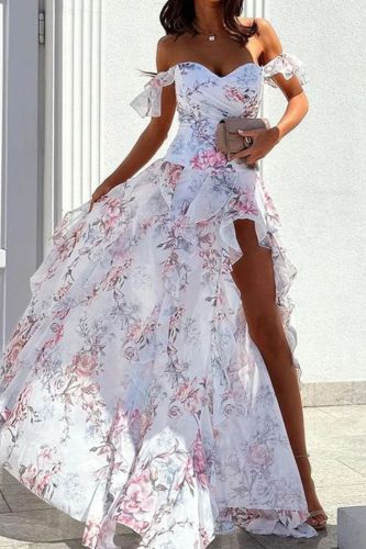 Summer Fashion Bohemian Elegant Sexy Strapless Party Slit Waist Maxi Dress