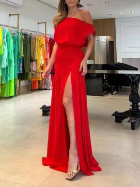Fashion One Shoulder High Waist Slit Loose Pleated Elegant Party Irregular Wedding Guest Dress