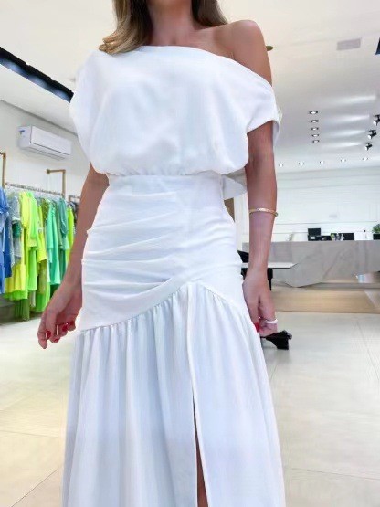 Fashion One Shoulder High Waist Slit Loose Pleated Elegant Party Irregular Wedding Guest Dress