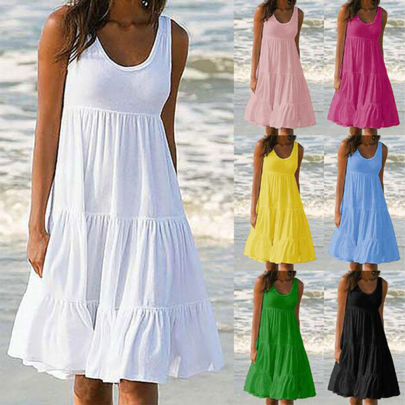 Women's Casual O-Neck Sleeveless Ruffle Boho Solid Loose Mini Dress