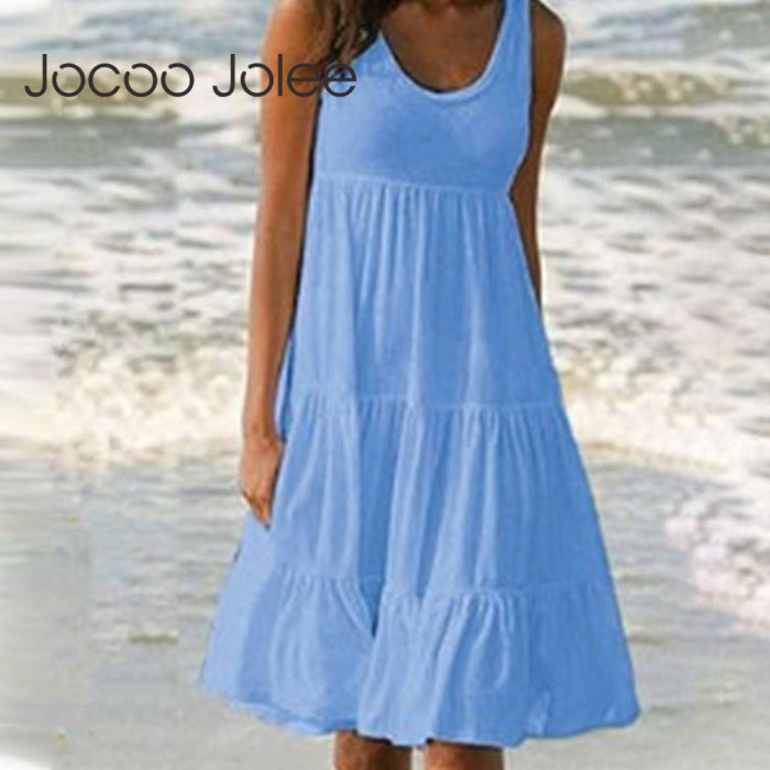 Women's Casual O-Neck Sleeveless Ruffle Boho Solid Loose Mini Dress