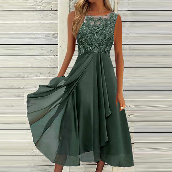 Elegant Fashion Party O Neck Lace Sleeveless Prom A Line Boho Maxi Dress