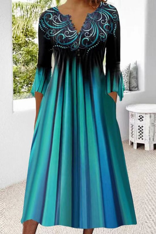 Vintage Print Fashion V Neck Button Up Elegant A Line Boho Resort  Casual Dress