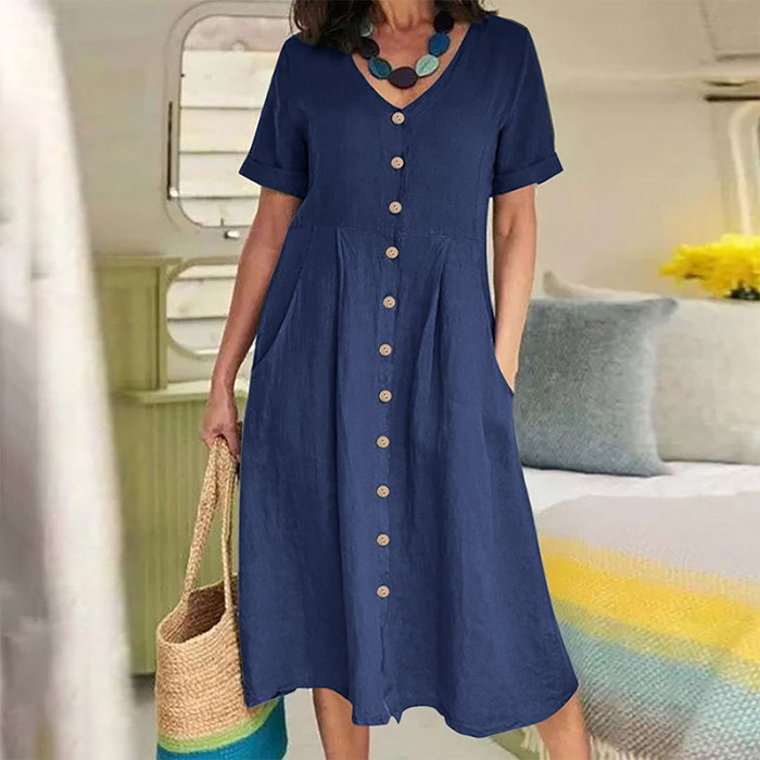 Summer Fashion Retro Cotton Linen Single Breasted Loose V-Neck  Casual Dress