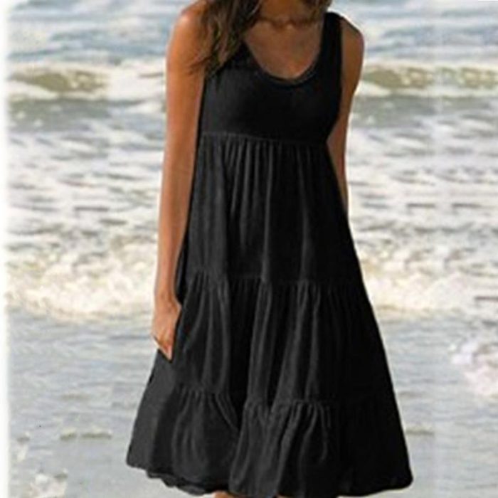 Women's Casual O-Neck Sleeveless Ruffle Boho Solid Loose Mini Dress