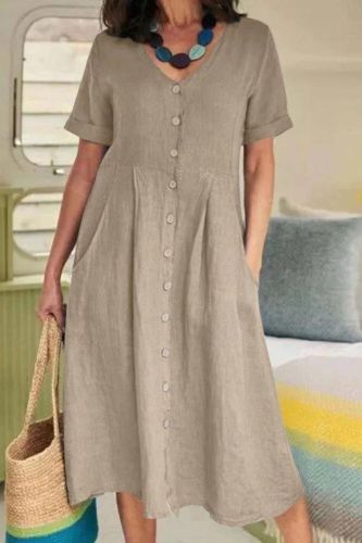 Summer Fashion Retro Cotton Linen Single Breasted Loose V-Neck  Casual Dress