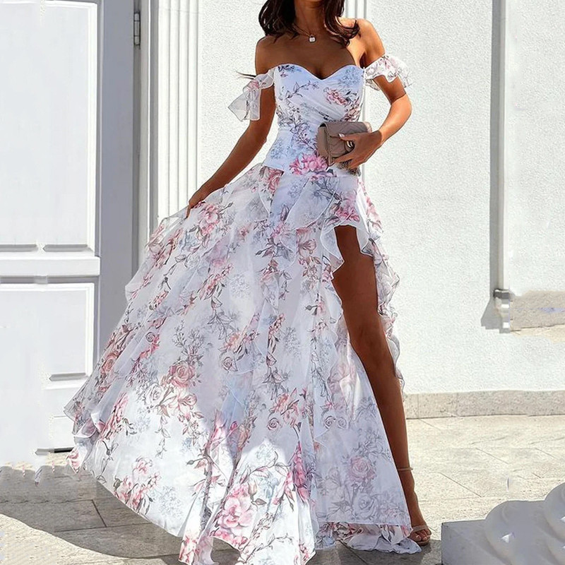 Summer Fashion Bohemian Elegant Sexy Strapless Party Slit Waist Maxi Dress