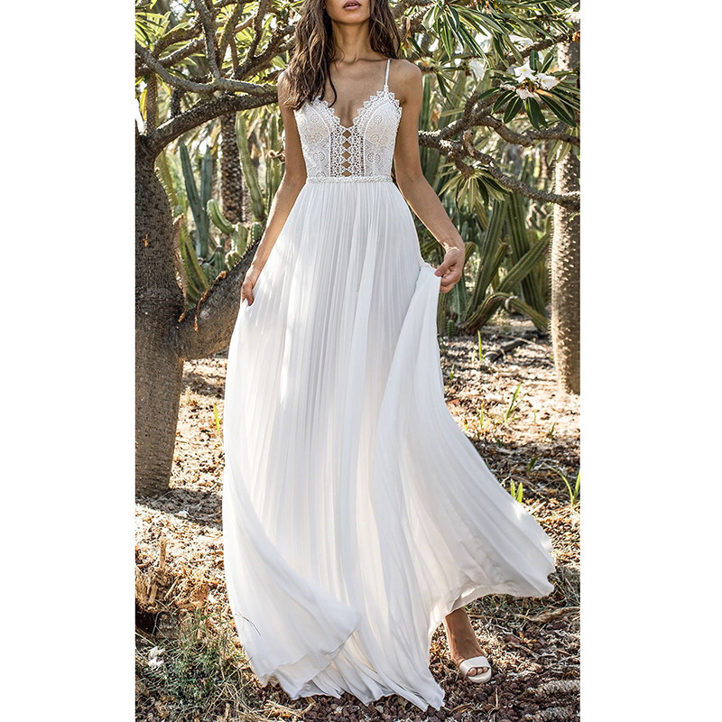 Summer Bohemian White Lace Sexy Backless Tunic Wedding Guest Dress
