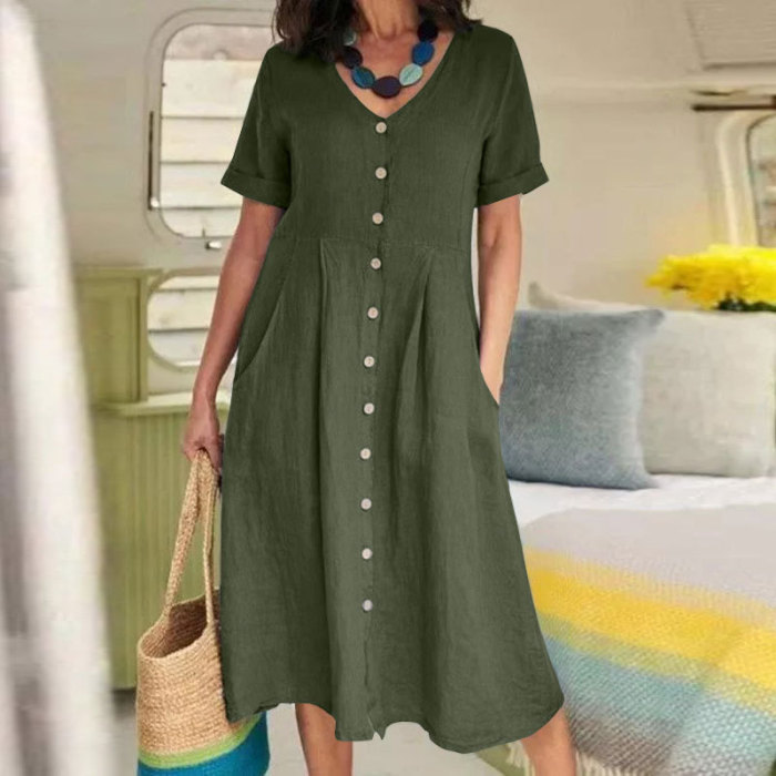 Summer Fashion Retro Cotton Linen Single Breasted Loose V-Neck  Casual Dress