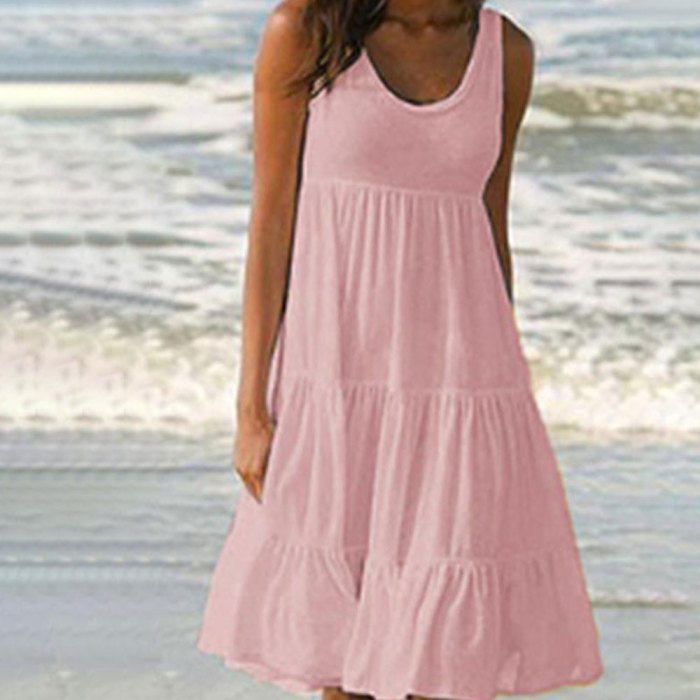 Women's Casual O-Neck Sleeveless Ruffle Boho Solid Loose Mini Dress
