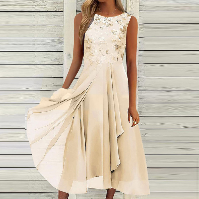 Elegant Fashion Party O Neck Lace Sleeveless Prom A Line Boho Maxi Dress