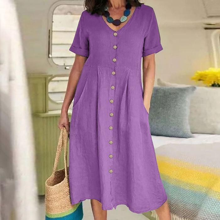 Summer Fashion Retro Cotton Linen Single Breasted Loose V-Neck  Casual Dress