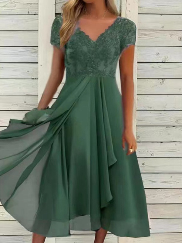 Summer Fashion V Neck Party Irregular Solid Color Casual Midi Dress