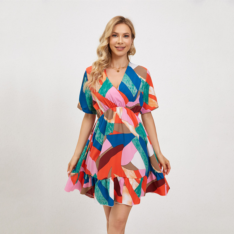 Elegant V Neck Short Sleeve Pleated Beach Ruffle Casual Printed Mini Dress