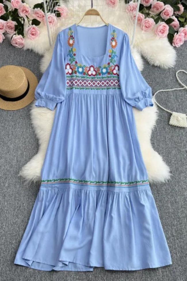 Women's Embroidered Bohemian Solid Color O-Neck Elegant Loose Maxi Dress