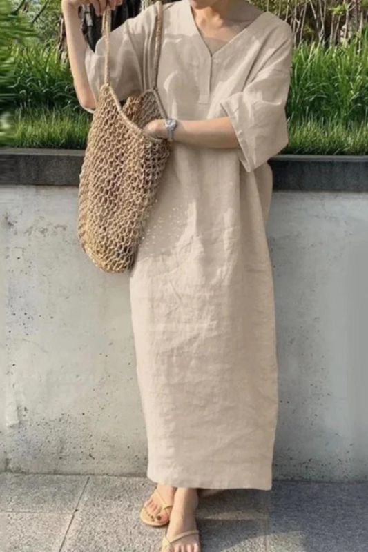 Women's Casual Solid Color V Neck Loose Fashion Elegant Vintage Dress